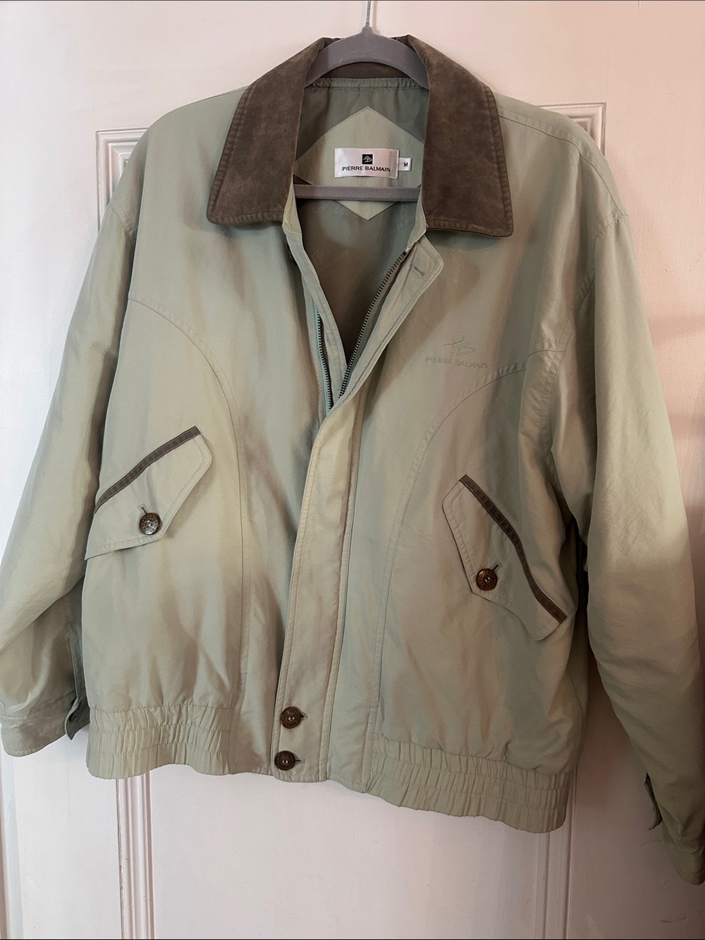 Pierre Balmain Light Sage Bomber Jacket with Brown Collar